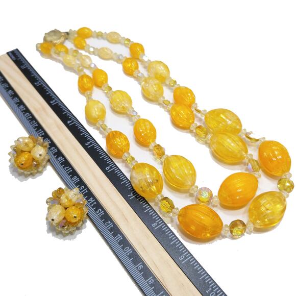 Vintage  Yellow Orange Lucite Beaded Necklace & Earrings, AB Crystals, 1960s - Picture 5 of 10